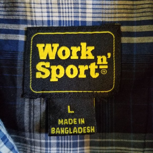 Work N Sport Large Western Shirt Blue Plaid Pearl Snaps Short Sleeve - Picture 5 of 5